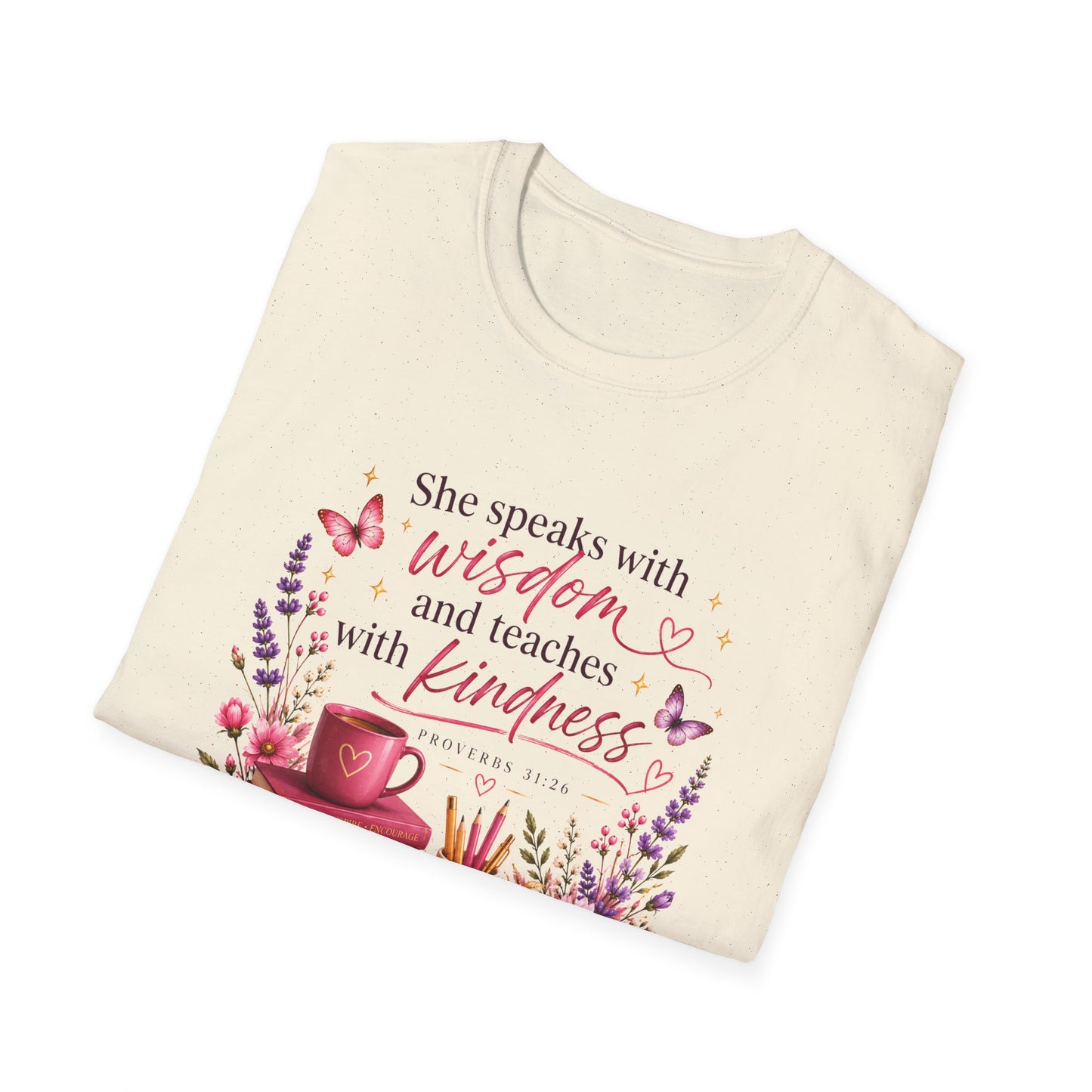 Christian Ladies' T-Shirt — "She speaks with wisdom and teaches with kindness" Floral Bible Verse Tee