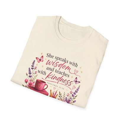 Christian Ladies' T-Shirt — "She speaks with wisdom and teaches with kindness" Floral Bible Verse Tee