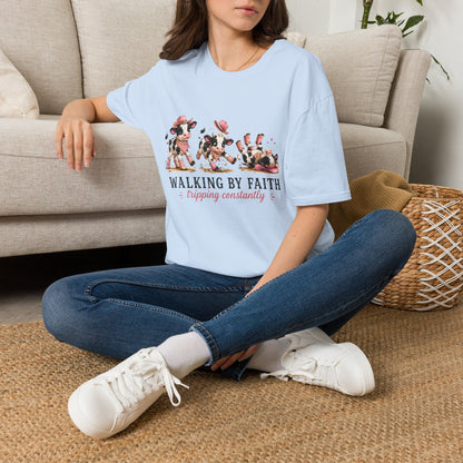 Walking By Faith Tripping Constantly T-Shirt – Cute Spotted Cow Design, Faith Humor Tee