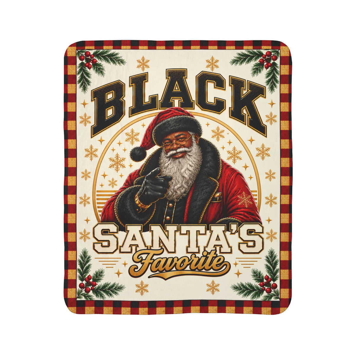 Black Santa's Favorite Sherpa Fleece Blanket Christmas Buffalo Plaid African American Santa Holiday Throw Cozy Gift