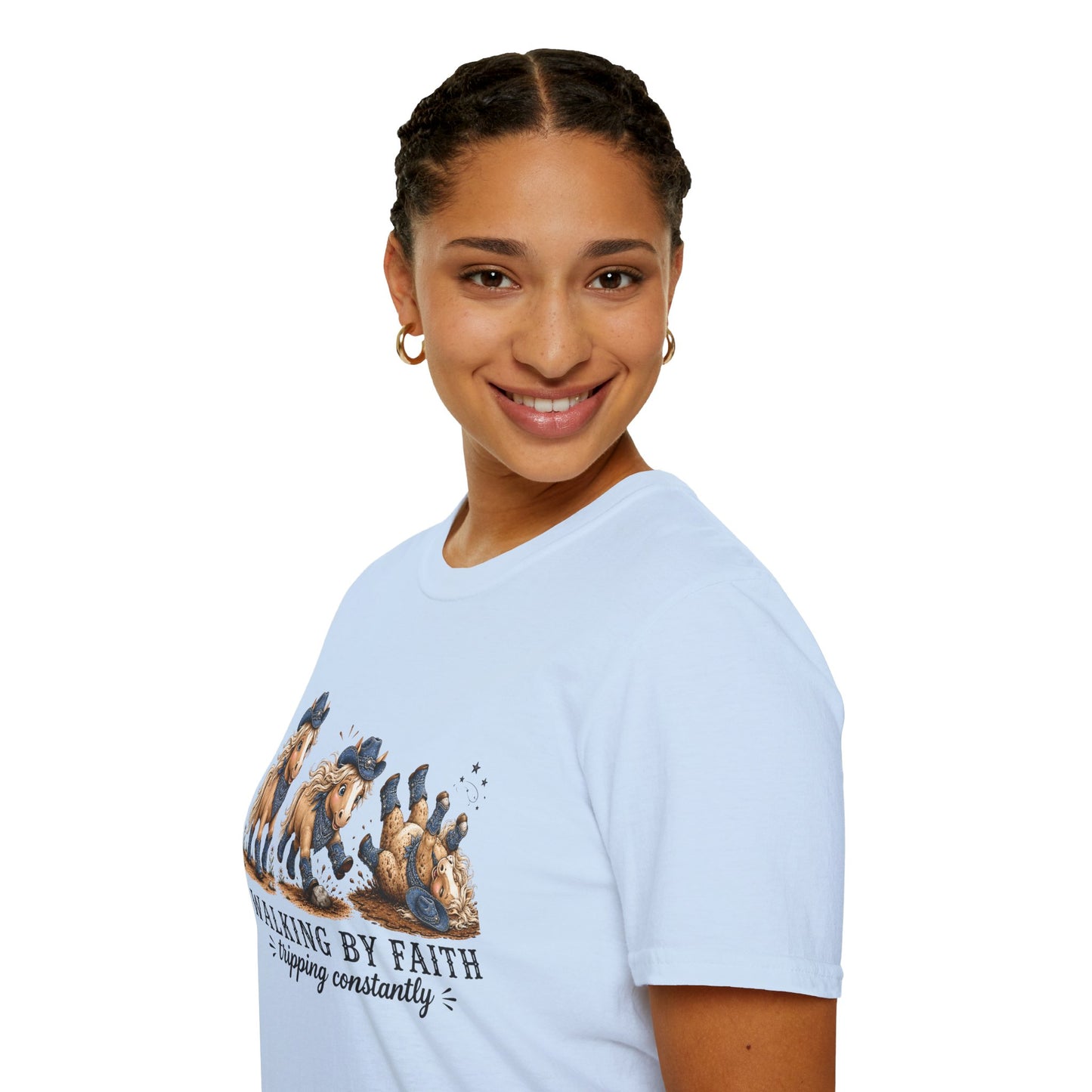 Walking by Faith (Tripping Constantly) Horse Denim Cowgirl  Graphic Tee