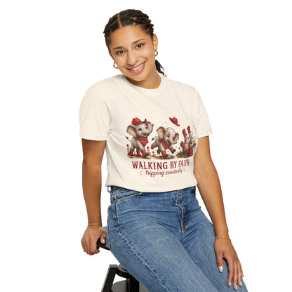 Comfort Colors® Walking By Faith tripping constantly T-Shirt | Cute Red Elephant Shirt