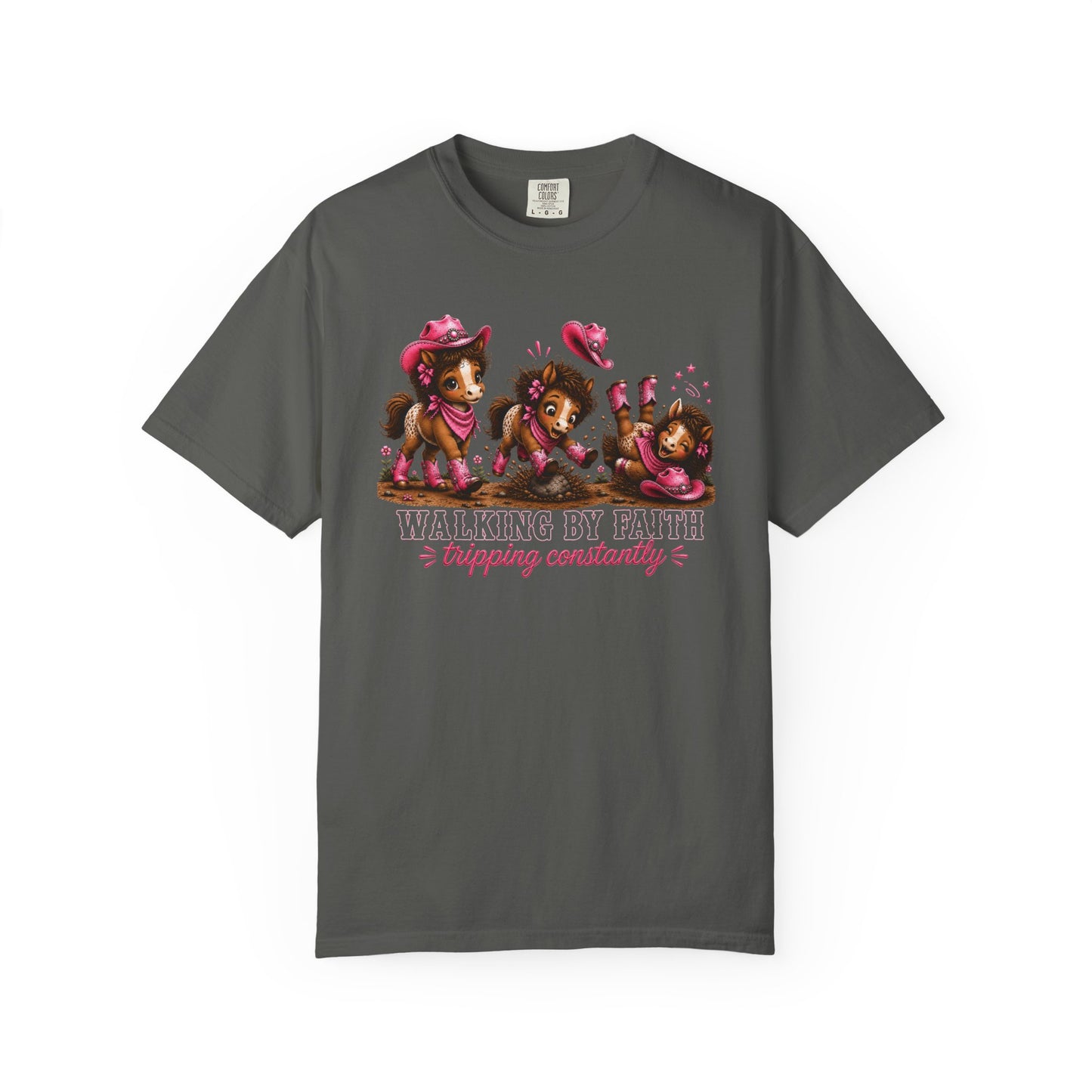 Comfort Colors® Walking By Faith Tripping Constantly Tee, Cowgirl Western Pink Shirt, Cute Whimsical Horse Shirt, Cowboy Boots Western Tee