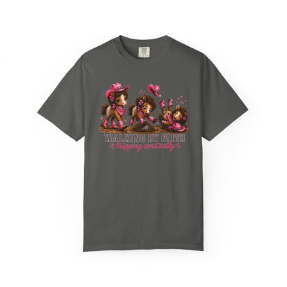 Comfort Colors® Walking By Faith Tripping Constantly Tee, Cowgirl Western Pink Shirt, Cute Whimsical Horse Shirt, Cowboy Boots Western Tee