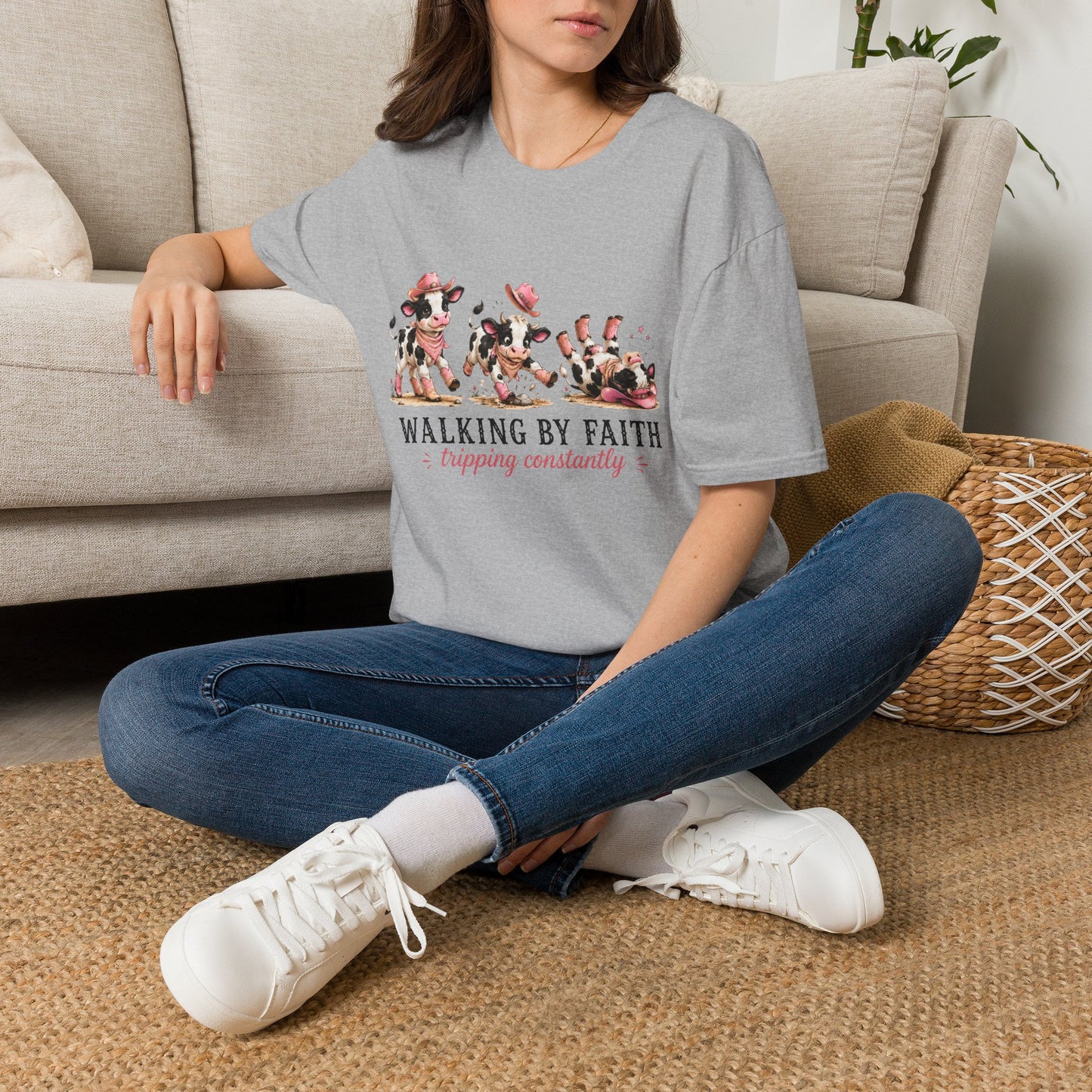 Walking By Faith Tripping Constantly T-Shirt – Cute Spotted Cow Design, Faith Humor Tee