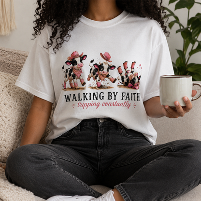 Comfort Colors® Walking by Faith Tripping Constantly Cow Tee, Christian Shirt Women, Funny Faith Humor Gospel Graphic Quote Religious Tee