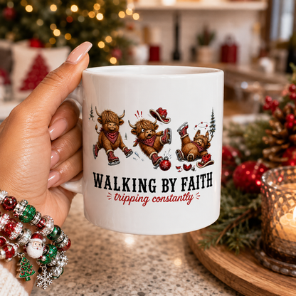 Walking By Faith Tripping Constantly Mug, Christmas Gift Highland Cow Lover, Faith Religious Christian Coffee Mug, Winter Holiday Gift