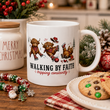 Walking By Faith Tripping Constantly Mug, Christmas Gift Highland Cow Lover, Faith Religious Christian Coffee Mug, Winter Holiday Gift