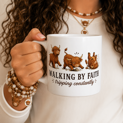 Walking By Faith Tripping Constantly Highland Cow Mug, Christian Coffee Cup, Funny Faith Humor Graphic Quote Religious Farmhouse Gift