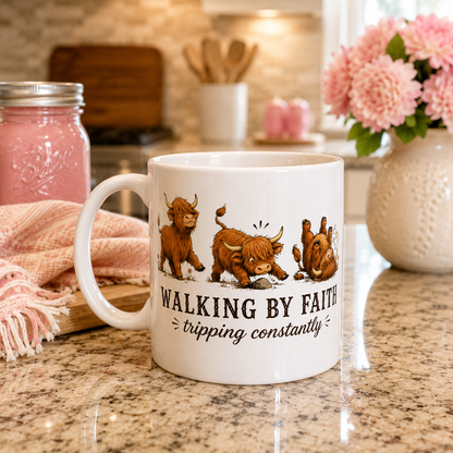 Walking By Faith Tripping Constantly Highland Cow Mug, Christian Coffee Cup, Funny Faith Humor Graphic Quote Religious Farmhouse Gift