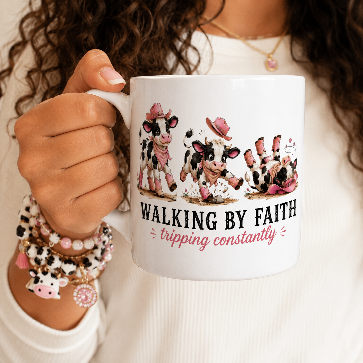 Walking By Faith Tripping Constantly Cow Mug, Christian Coffee Cup, Funny Faith Humor Graphic Quote Religious Farmhouse Coffee Mug Gift