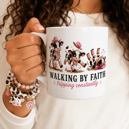Walking By Faith Tripping Constantly Cow Mug, Christian Coffee Cup, Funny Faith Humor Graphic Quote Religious Farmhouse Coffee Mug Gift