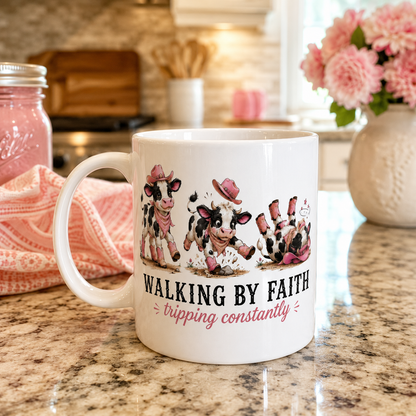 Walking By Faith Tripping Constantly Cow Mug, Christian Coffee Cup, Funny Faith Humor Graphic Quote Religious Farmhouse Coffee Mug Gift