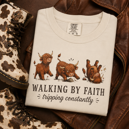 Comfort Colors® Walking by Faith Tripping Constantly Tee, Highland Cow Western Shirt, Christian Shirt Women, Funny Faith Humor Gospel Quote