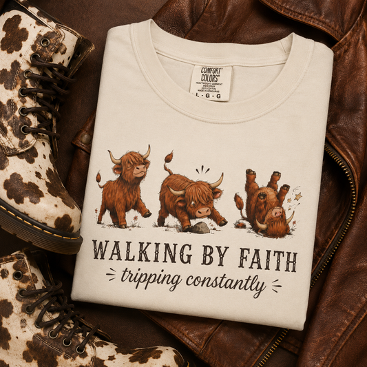 Comfort Colors® Walking by Faith Tripping Constantly Tee, Highland Cow Western Shirt, Christian Shirt Women, Funny Faith Humor Gospel Quote