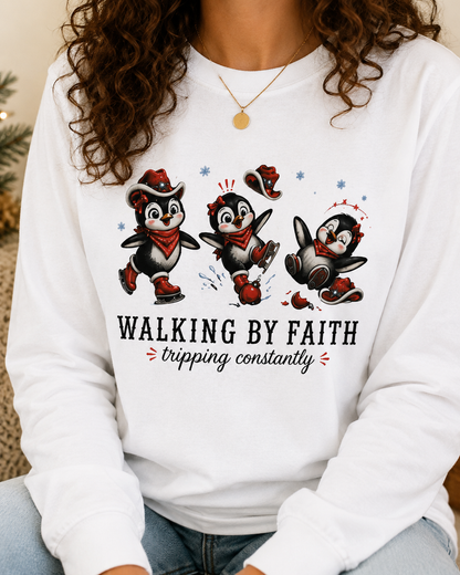 Walking By Faith Tripping Constantly Unisex Long Sleeve Shirt, Christmas Penguin Figure Skating Sweatshirt, Holiday Penguin Lover Gift
