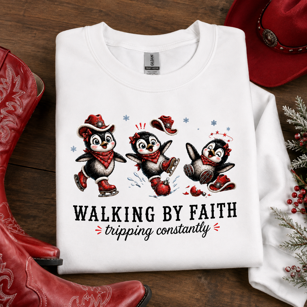 Walking By Faith Tripping Constantly Unisex Long Sleeve Shirt, Christmas Penguin Figure Skating Sweatshirt, Holiday Penguin Lover Gift