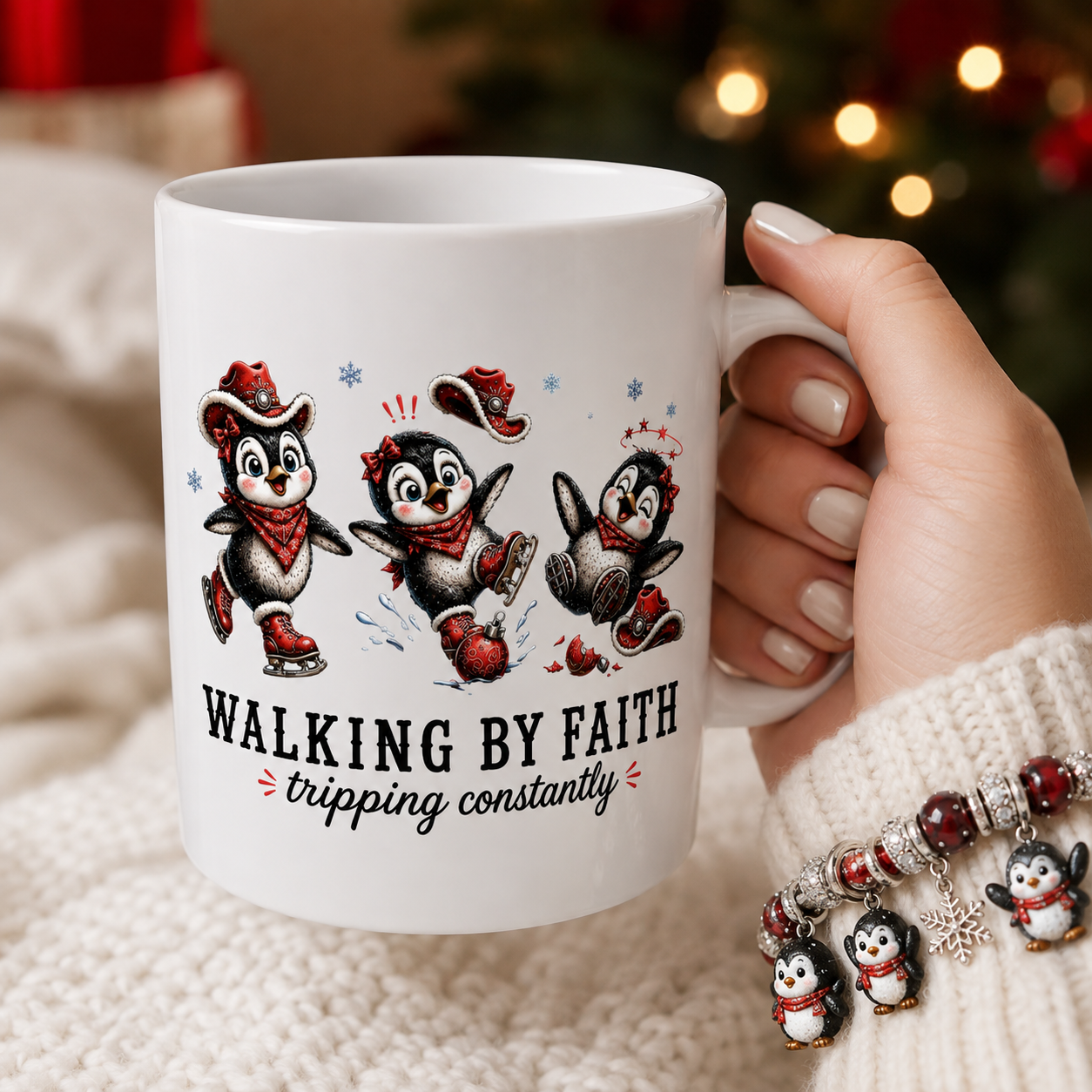 Walking By Faith Tripping Constantly Mug, Penguin Ice Skate Holiday Mug, Winter Gift Mug, Christmas Coffee Mug, Cute Penguin Gift