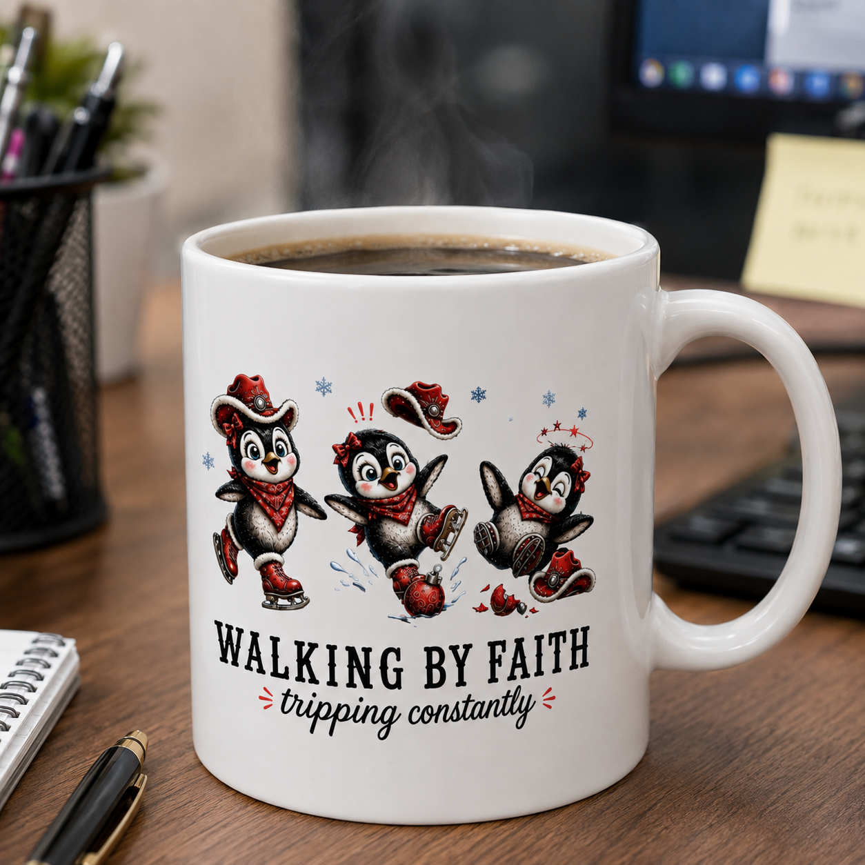 Walking By Faith Tripping Constantly Mug, Penguin Ice Skate Holiday Mug, Winter Gift Mug, Christmas Coffee Mug, Cute Penguin Gift