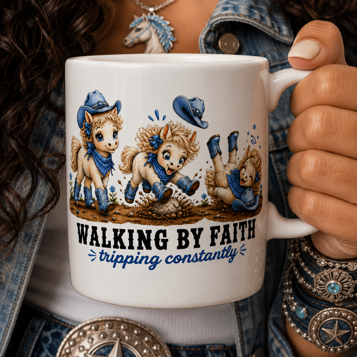 Walking By Faith Tripping Constantly Mug, White Coffee Mug, Denim Cowgirl Horse Mug, Whimsical Western Boots Hat Gift, Christian Cowgirl Mug