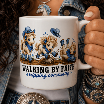 Walking By Faith Tripping Constantly Mug, White Coffee Mug, Denim Cowgirl Horse Mug, Whimsical Western Boots Hat Gift, Christian Cowgirl Mug