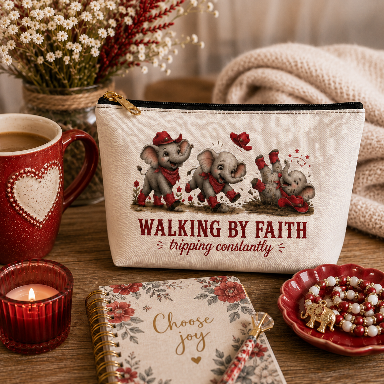 Walking By Faith Tripping Constantly Makeup Bag, Cute Elephant Cosmetic Pouch, Whimsical Baby Elephant Zipper Bag, Elephant Lover Gift