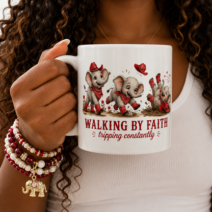 Walking By Faith Tripping Constantly Mug, Cute Red Elephant Whimsical Baby Farm Animal Cowgirl Christian Faith Gift, Red Elephant Lover Gift