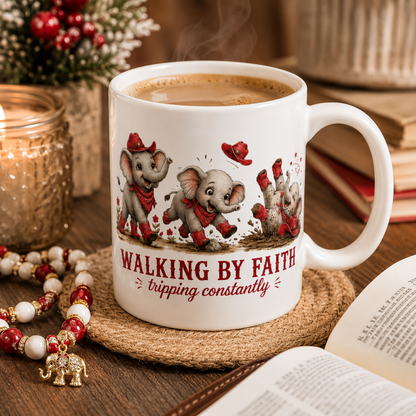 Walking By Faith Tripping Constantly Mug, Cute Red Elephant Whimsical Baby Farm Animal Cowgirl Christian Faith Gift, Red Elephant Lover Gift