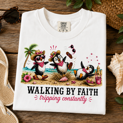 Comfort Colors® Walking By Faith Tripping Constantly Shirt, Beach Penguin Shirt, Summer Vacation Tee, Funny Penguin Tee, Faith Based Shirt