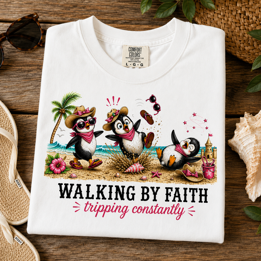 Comfort Colors® Walking By Faith Tripping Constantly Shirt, Beach Penguin Shirt, Summer Vacation Tee, Funny Penguin Tee, Faith Based Shirt