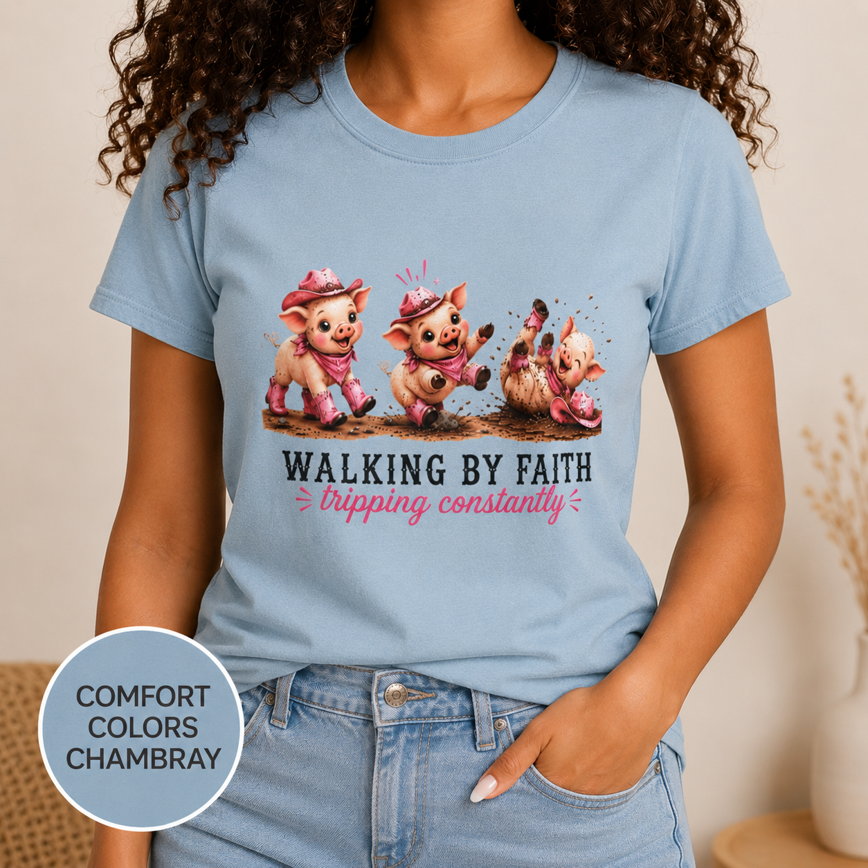 Comfort Colors® Walking By Faith Tripping Constantly Piglet Shirt, Pig Lovers Gift, Pig Shirt, Christian Gift, Faith Shirt, Whimsical Gifts