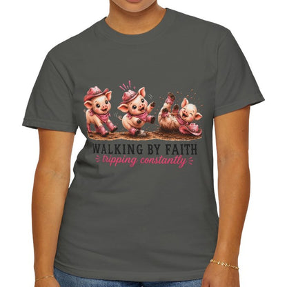 Comfort Colors® Walking By Faith Tripping Constantly Piglet Shirt, Pig Lovers Gift, Pig Shirt, Christian Gift, Faith Shirt, Whimsical Gifts
