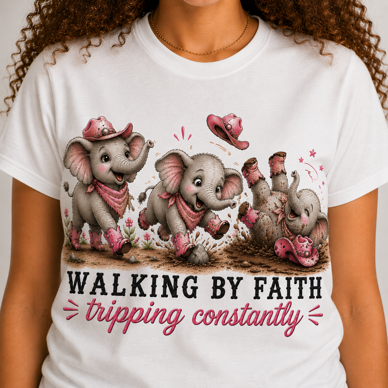 Comfort Colors® Walking By Faith Tripping Constantly Shirt Cute Pink Cowgirl Elephant Design Funny Faith Christian Religious Tee