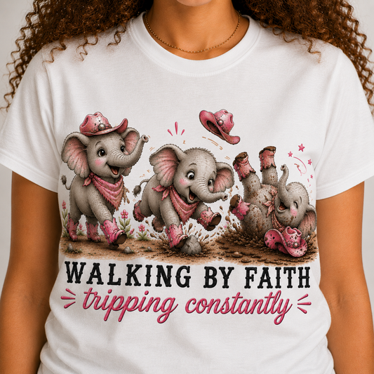 Comfort Colors® Walking By Faith Tripping Constantly Shirt Cute Pink Cowgirl Elephant Design Funny Faith Christian Religious Tee