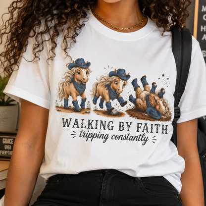 Comfort Colors® Walking By Faith Tripping Constantly Shirt Western Cowgirl Horse lover Tee Trendy Faith Christian Mom Country  Shirt