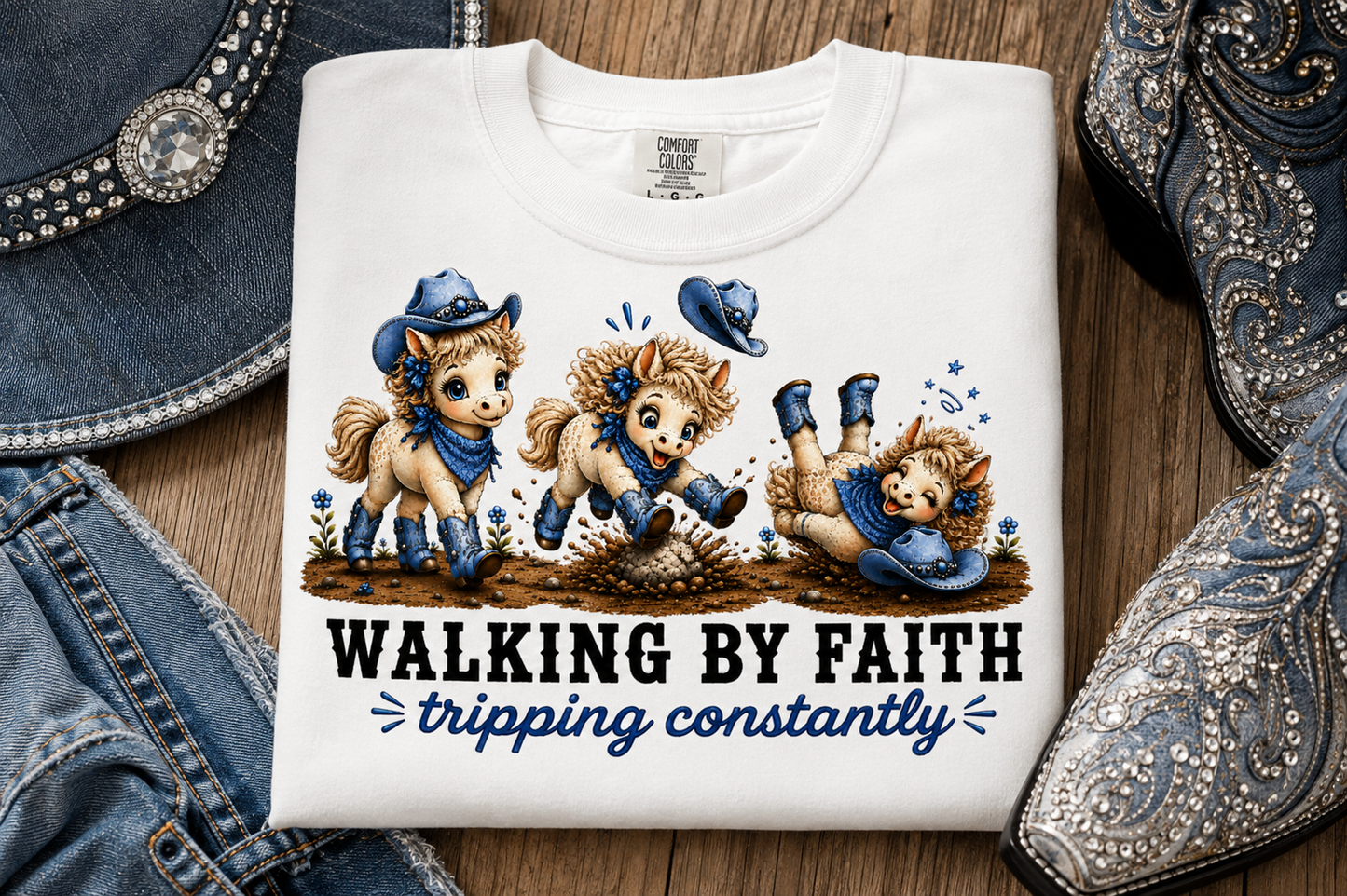 Comfort Colors® Walking By Faith Tripping Constantly Tee, Denim Blue Cowgirl Horse Shirt, Cute Whimsical Western Shirt, Cowboy Boots Tee