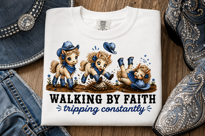 Comfort Colors® Walking By Faith Tripping Constantly Tee, Denim Blue Cowgirl Horse Shirt, Cute Whimsical Western Shirt, Cowboy Boots Tee