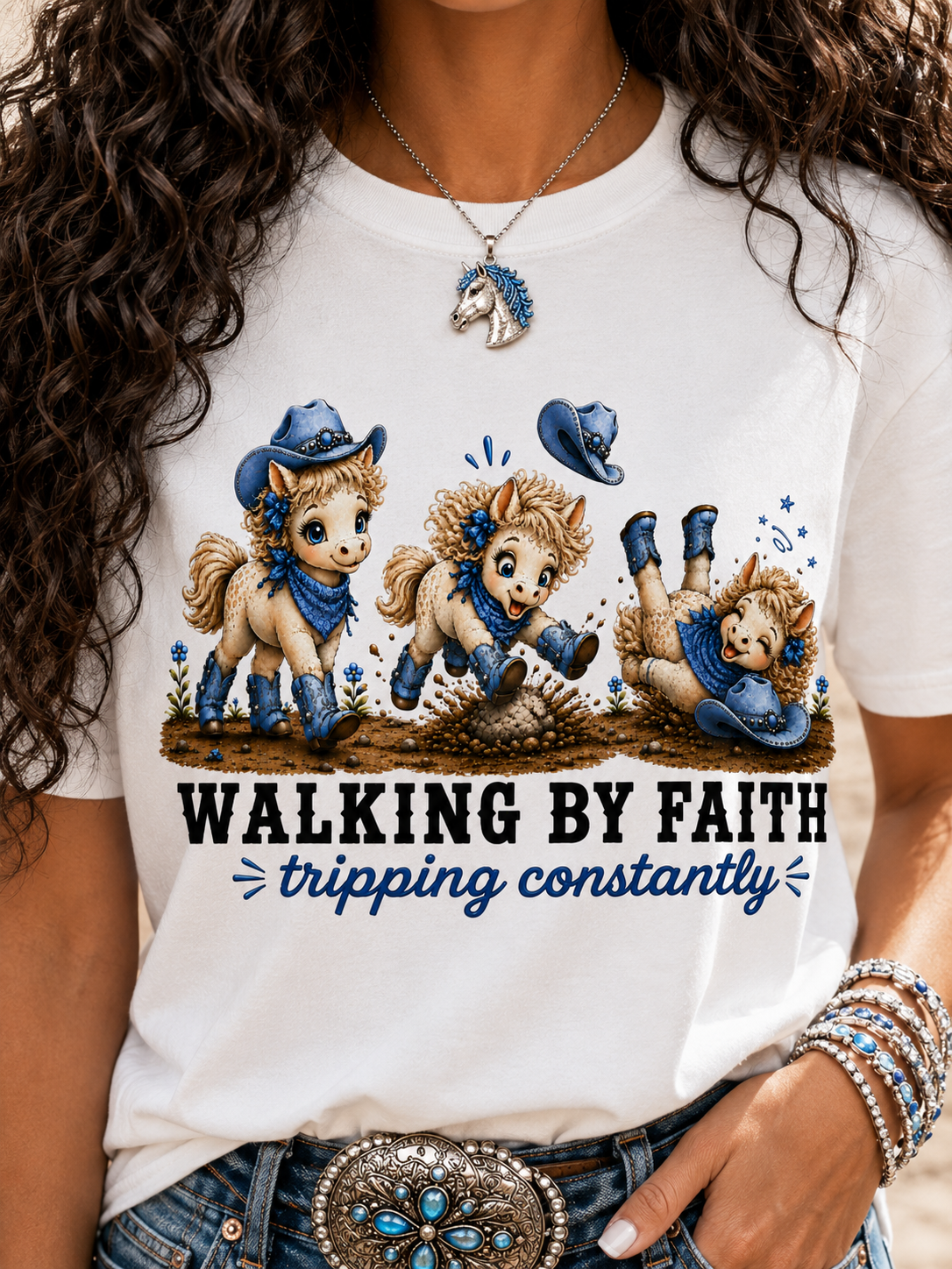 Comfort Colors® Walking By Faith Tripping Constantly Tee, Denim Blue Cowgirl Horse Shirt, Cute Whimsical Western Shirt, Cowboy Boots Tee