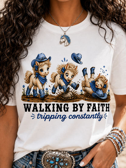 Comfort Colors® Walking By Faith Tripping Constantly Tee, Denim Blue Cowgirl Horse Shirt, Cute Whimsical Western Shirt, Cowboy Boots Tee