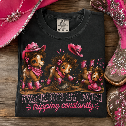 Comfort Colors® Walking By Faith Tripping Constantly Tee, Cowgirl Western Pink Shirt, Cute Whimsical Horse Shirt, Cowboy Boots Western Tee