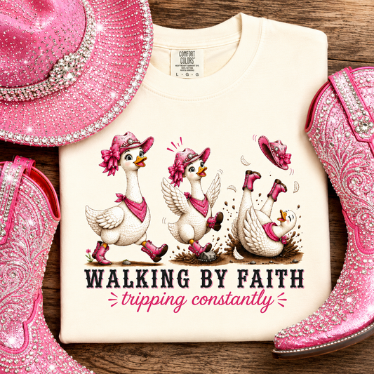 Comfort Colors® Walking By Faith Tripping Constantly Goose Shirt, Vintage Western Cowgirl Pink Bling Funny Farm Animal Religious Tee