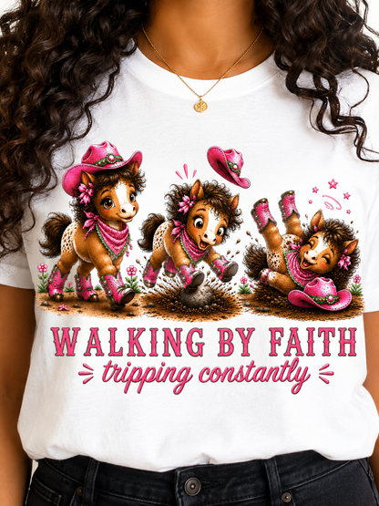 Comfort Colors® Walking By Faith Tripping Constantly Pretty Pink and Green Pony T-Shirt | Cute whimsical horse trendy religious faith Tee