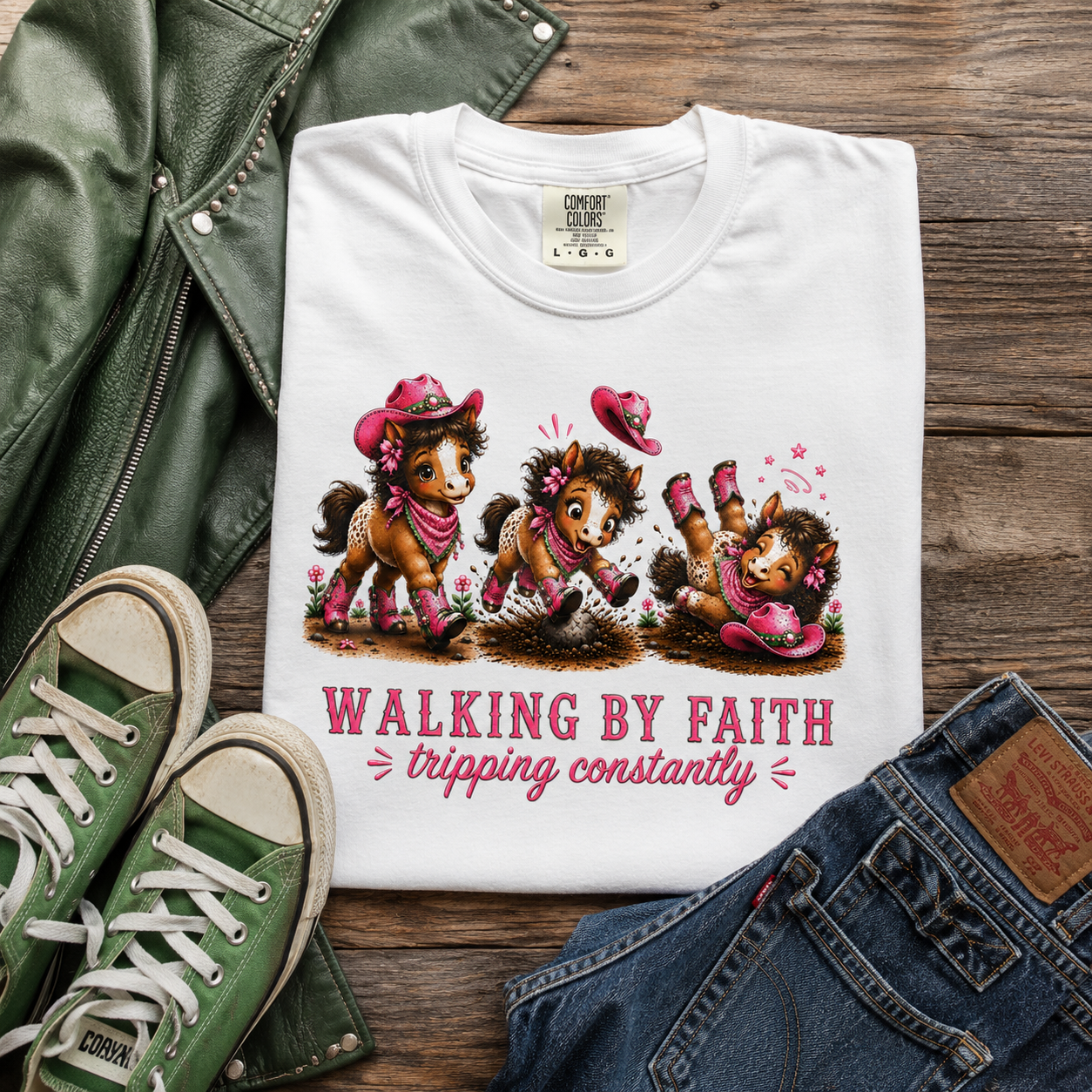 Comfort Colors® Walking By Faith Tripping Constantly Pretty Pink and Green Pony T-Shirt | Cute whimsical horse trendy religious faith Tee