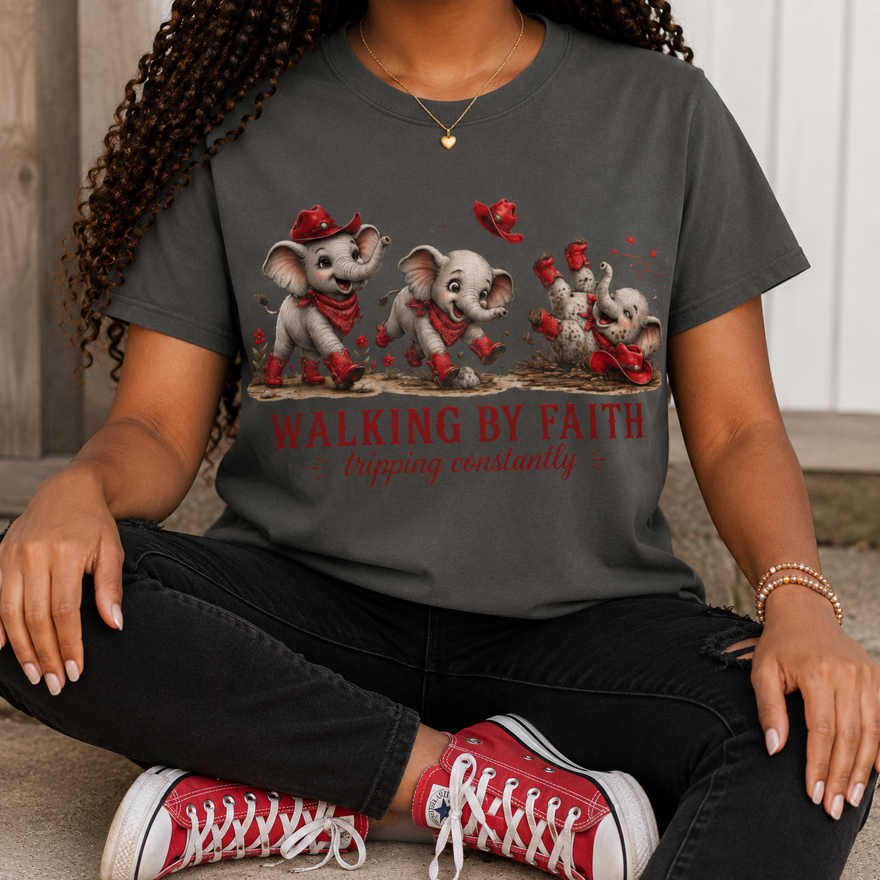 Comfort Colors® Walking By Faith tripping constantly T-Shirt | Cute Red Elephant Shirt