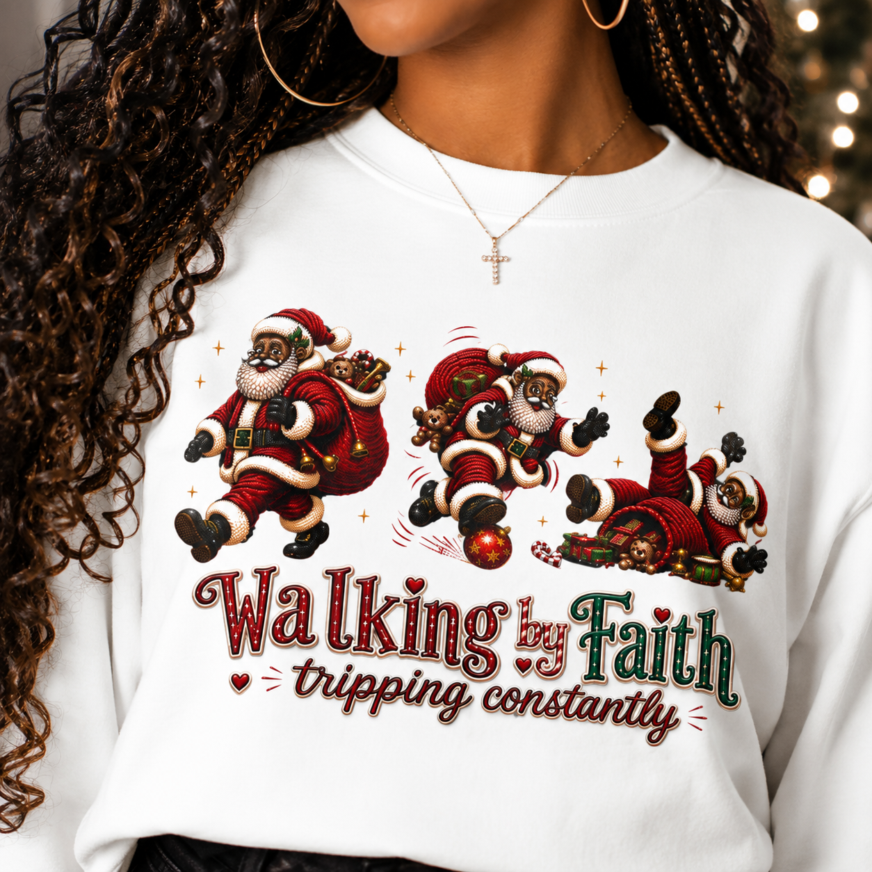 Walking By Faith Tripping Constantly Christmas Sweatshirt – Black Santa Crewneck, Afro American Holiday Shirt