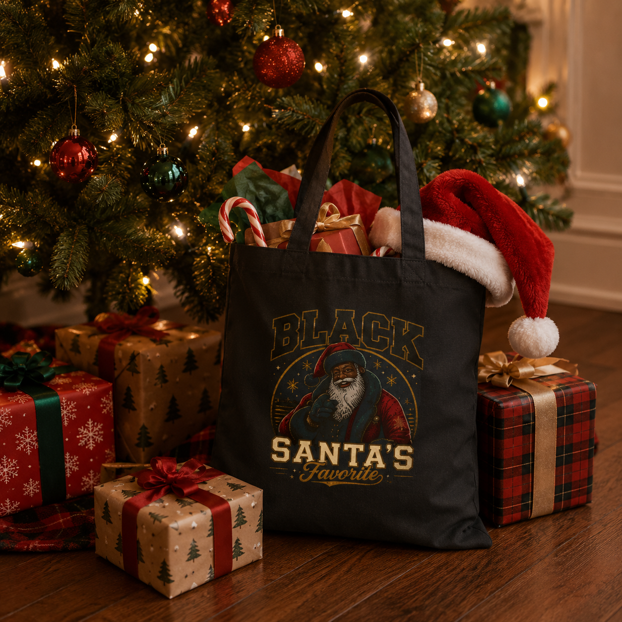 Black Santa Gift Bag Tote – Christmas Tote Bag, African American Santa Holiday Gift Bag