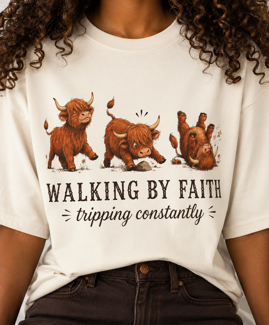 Walking By Faith Tripping Constantly T-Shirt – Cute Highland Cow Design, Faith Humor Tee