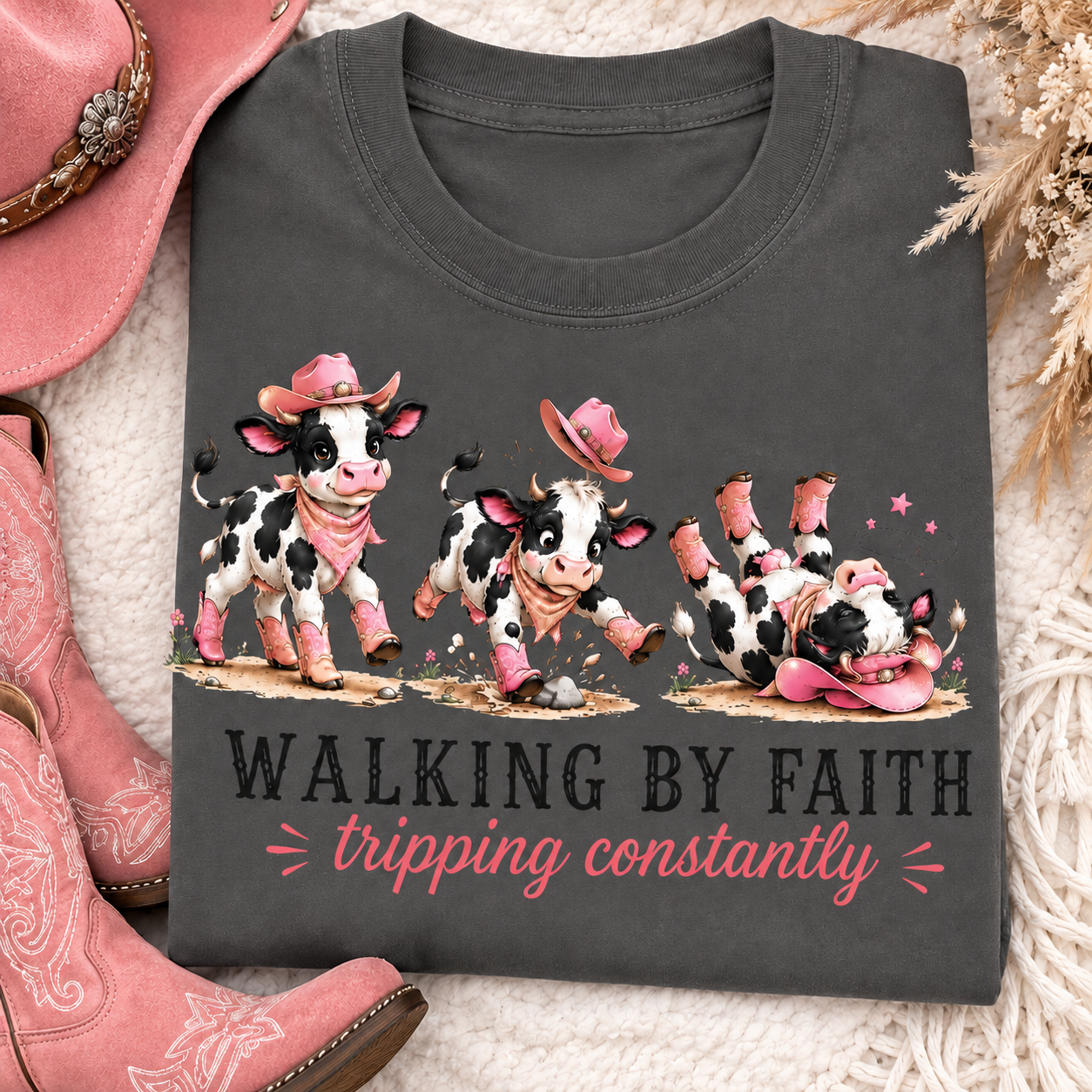 Walking By Faith Tripping Constantly T-Shirt – Cute Spotted Cow Design, Faith Humor Tee