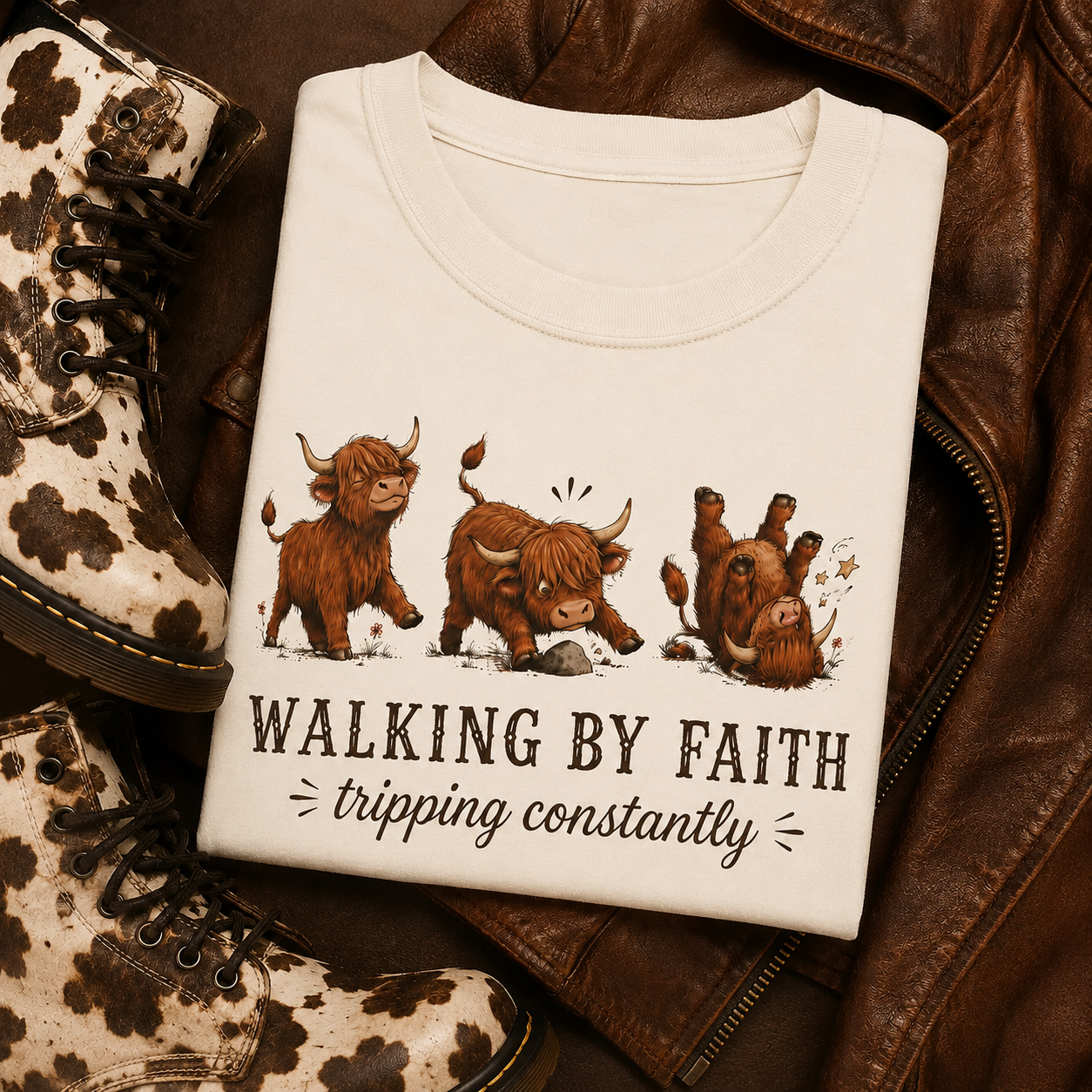 Walking By Faith Tripping Constantly T-Shirt – Cute Highland Cow Design, Faith Humor Tee