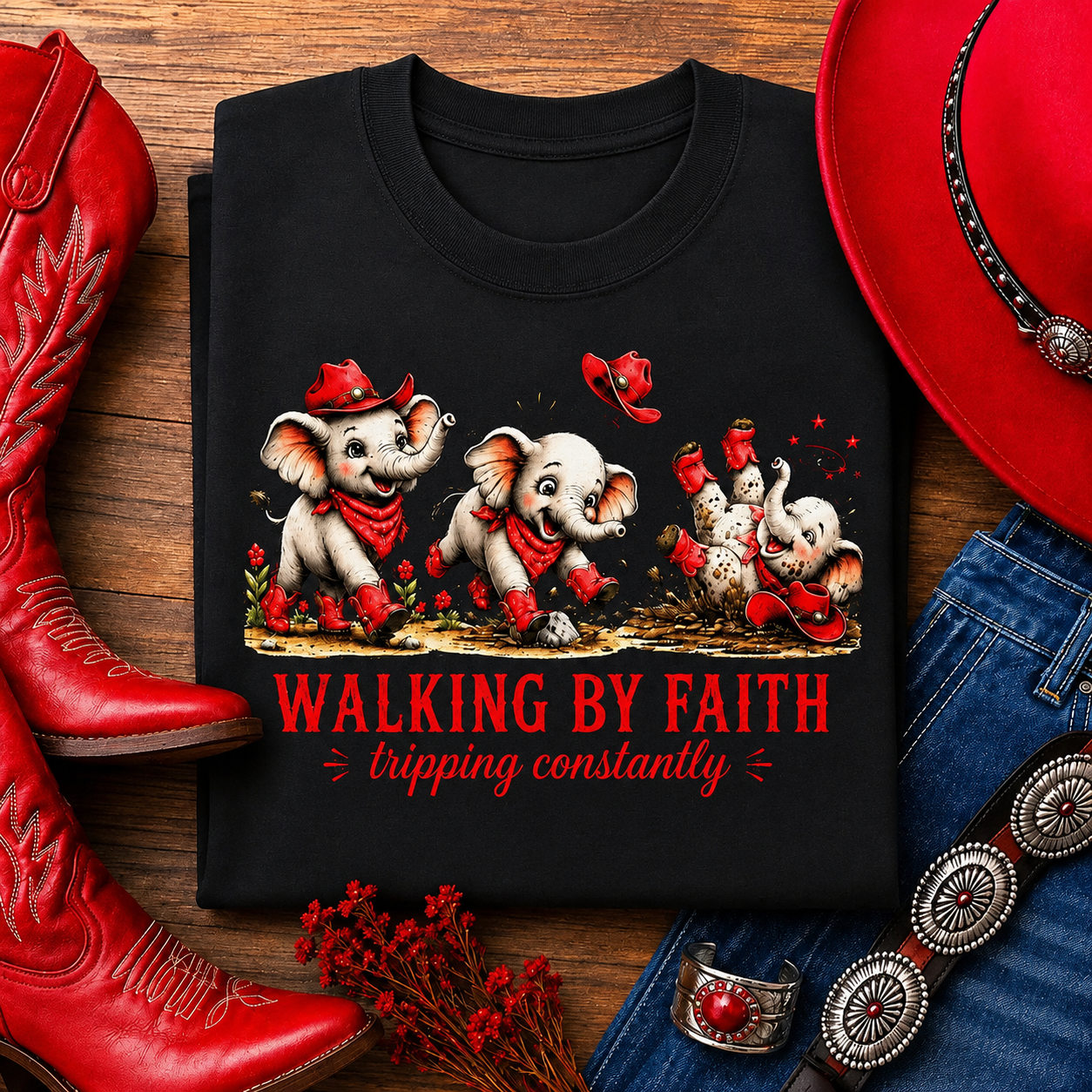 Walking By Faith Tripping Constantly T-Shirt – Cute Red Elephant Design, Faith Humor Tee